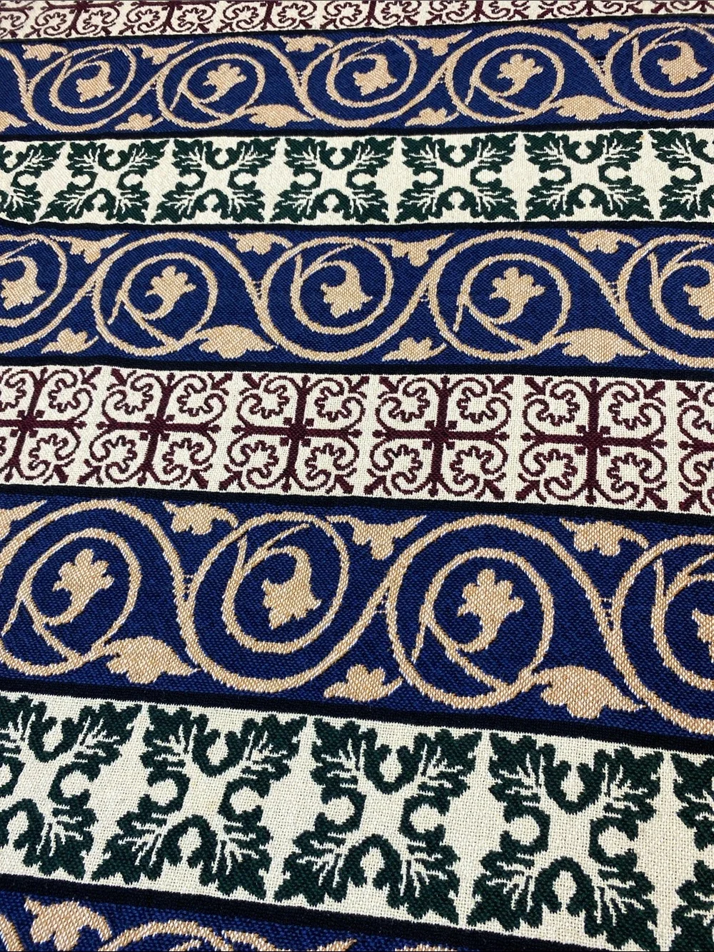 Vintage Scroll Floral Tapestry Woven Fringe Throw Blanket Blue Green 60”X 47”